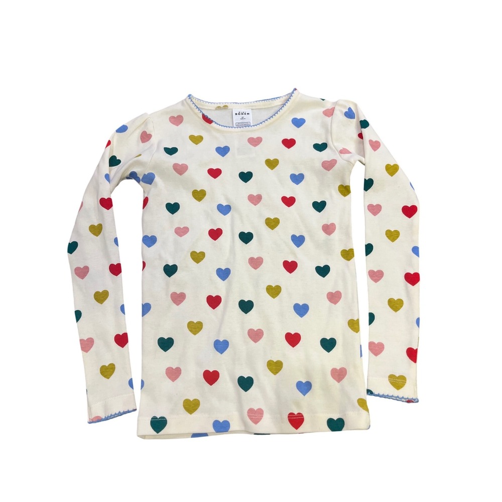 Mini Boden Girls Size 8Y Cream Multicolor Heart Print Long Sleeve Henley Top